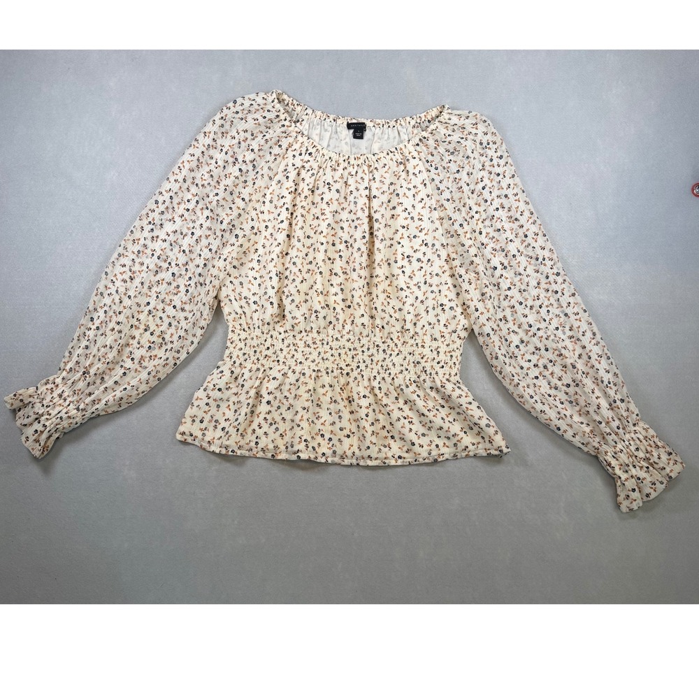 Ann Taylor Cream Floral Smocked Waist Peplum Blouse Long Sleeve Ruffle Cuff S